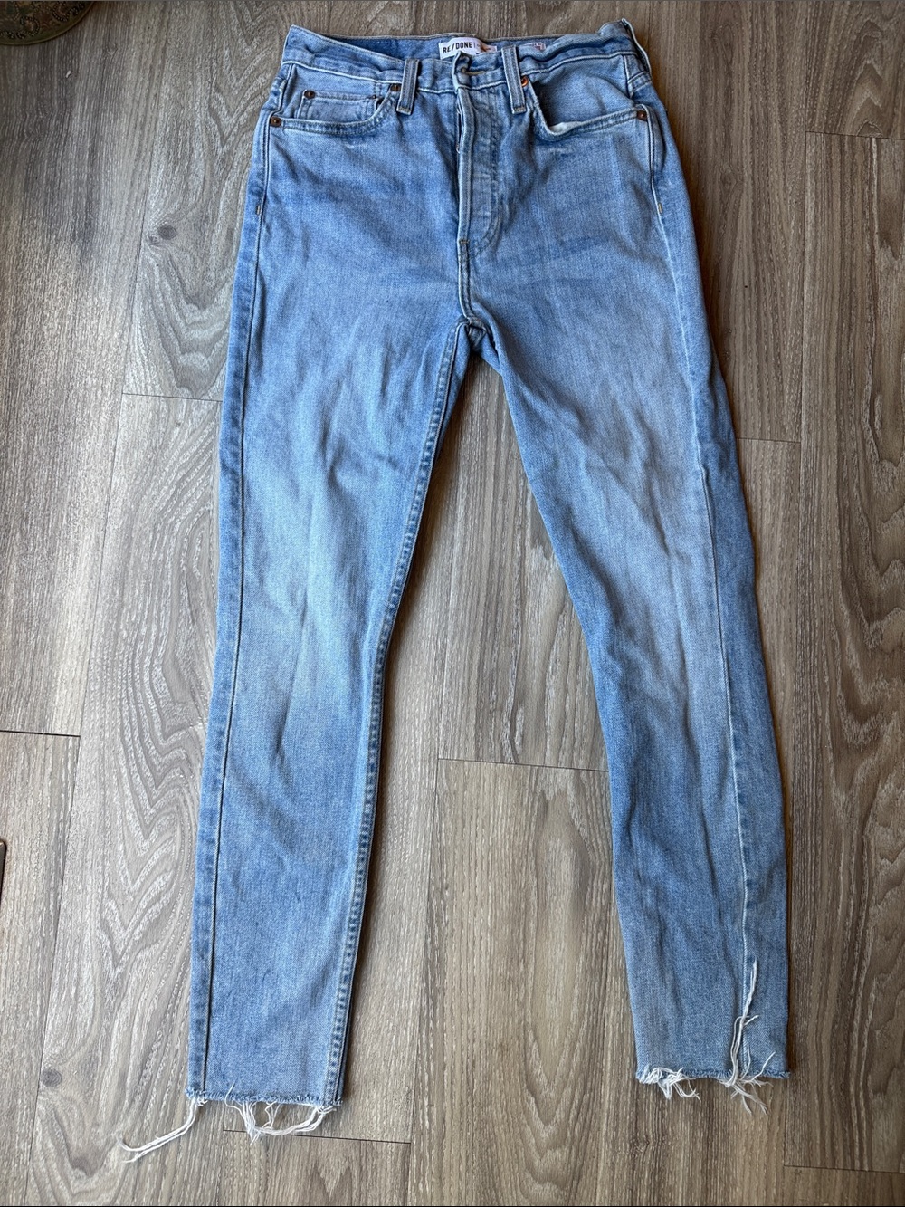 Re/Done Light Blue Slim Straight Jeans with Frayed Hem